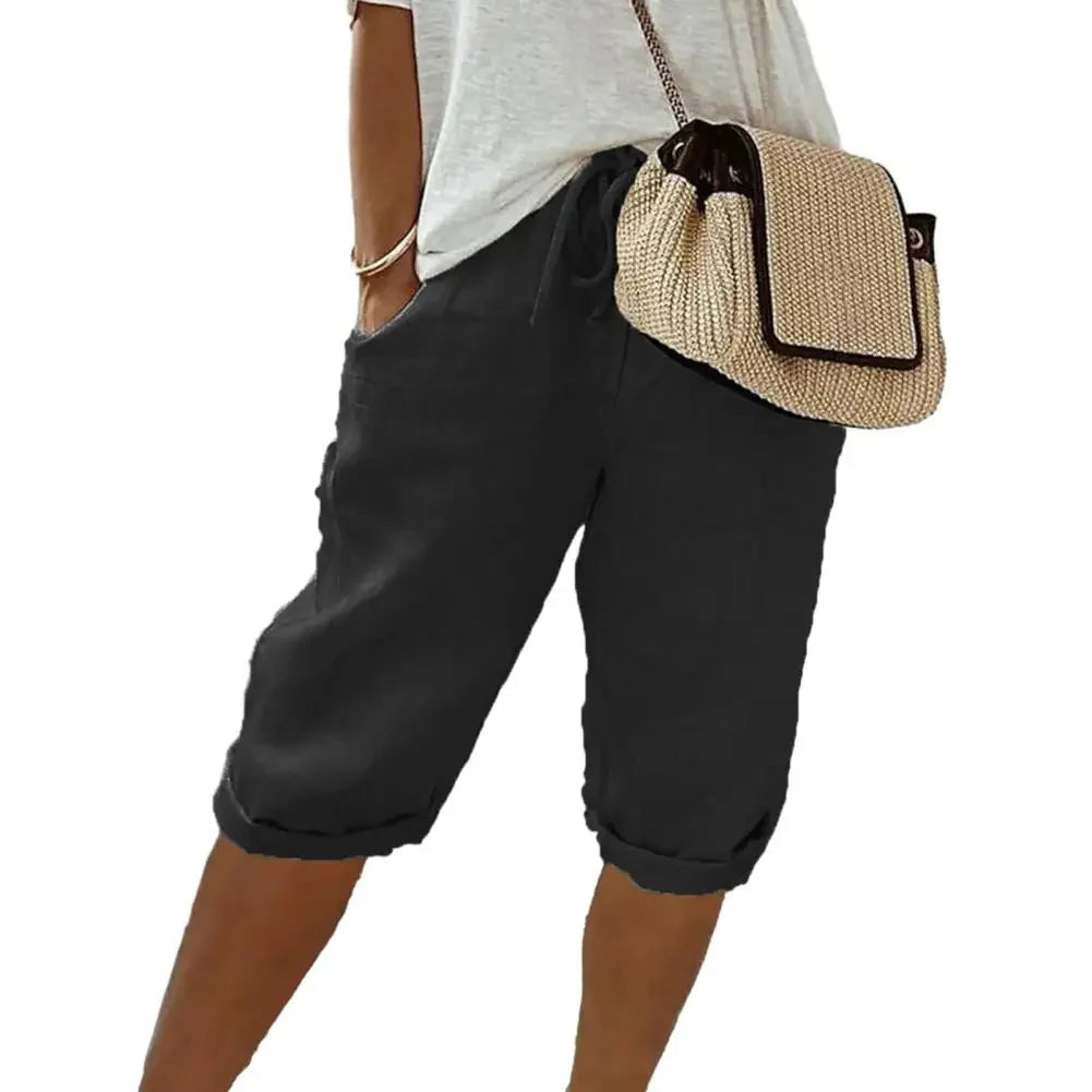 Vintage Knee-Length Pants with Elastic Waist and Pockets
