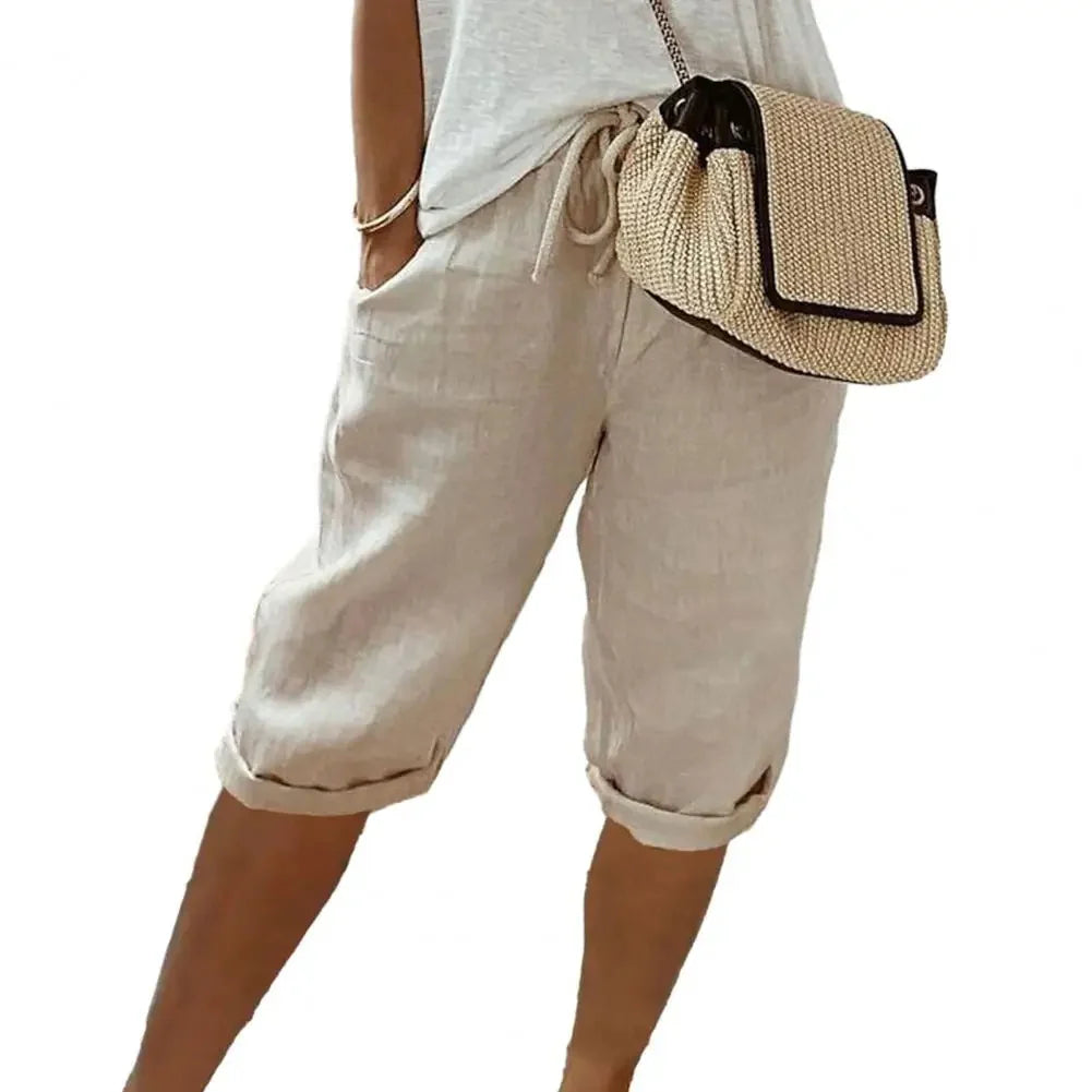 Vintage Knee-Length Pants with Elastic Waist and Pockets