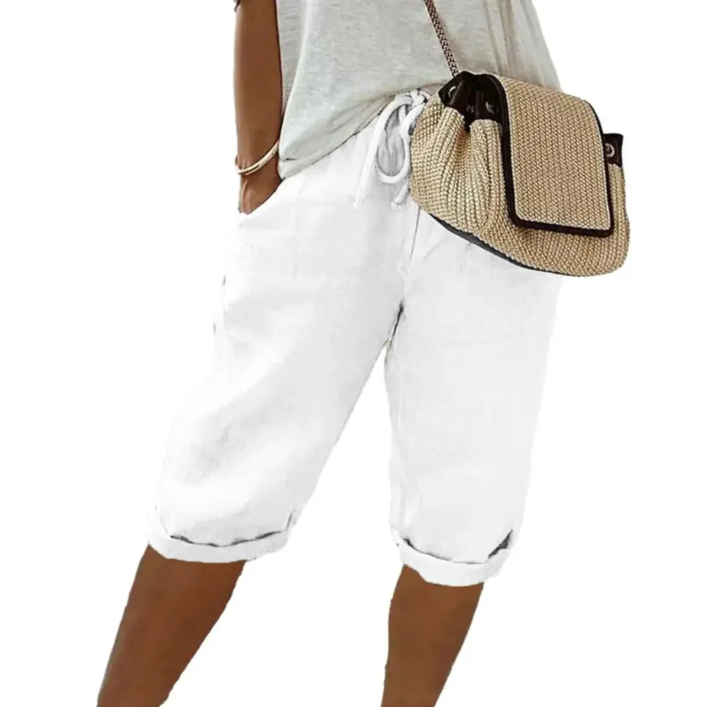 Vintage Knee-Length Pants with Elastic Waist and Pockets