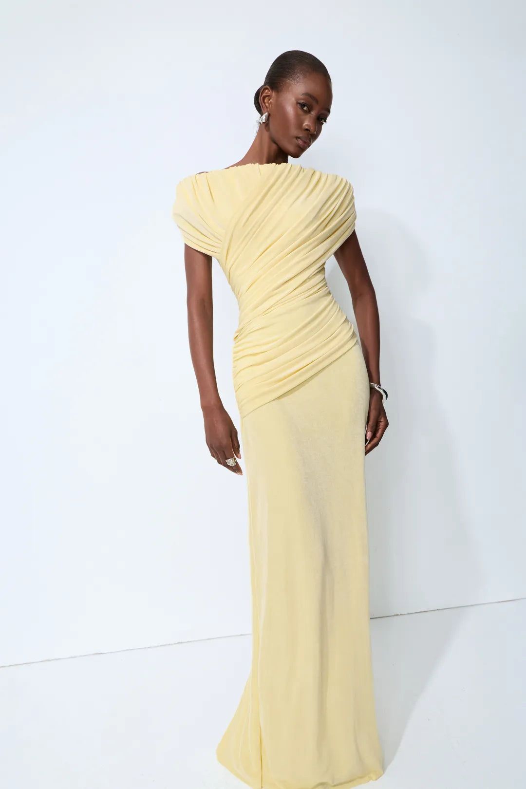 Made to Shine Yellow Off Shoulder Ruched Maxi Dress