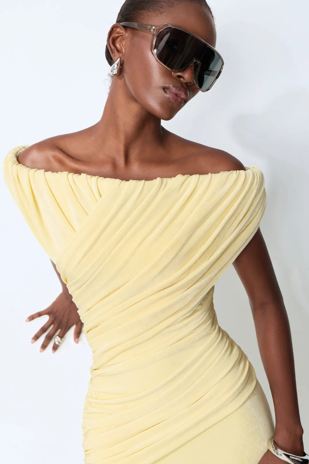 Made to Shine Yellow Off Shoulder Ruched Maxi Dress
