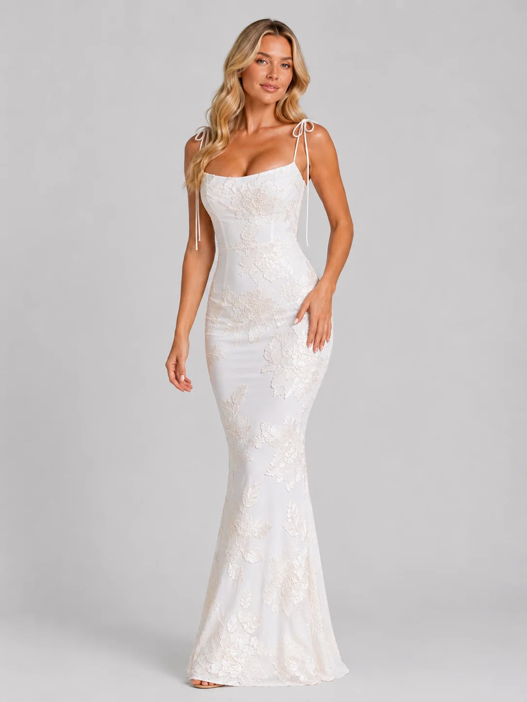 Women's Floral Embroidered Maxi Dress – Tie Strap Occasion Gown