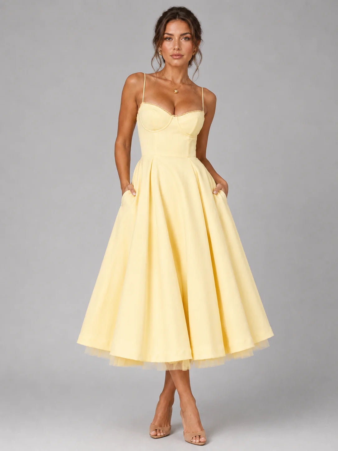 Women’s Corset Midi Dress with Full Skirt – Elegant Occasion Style