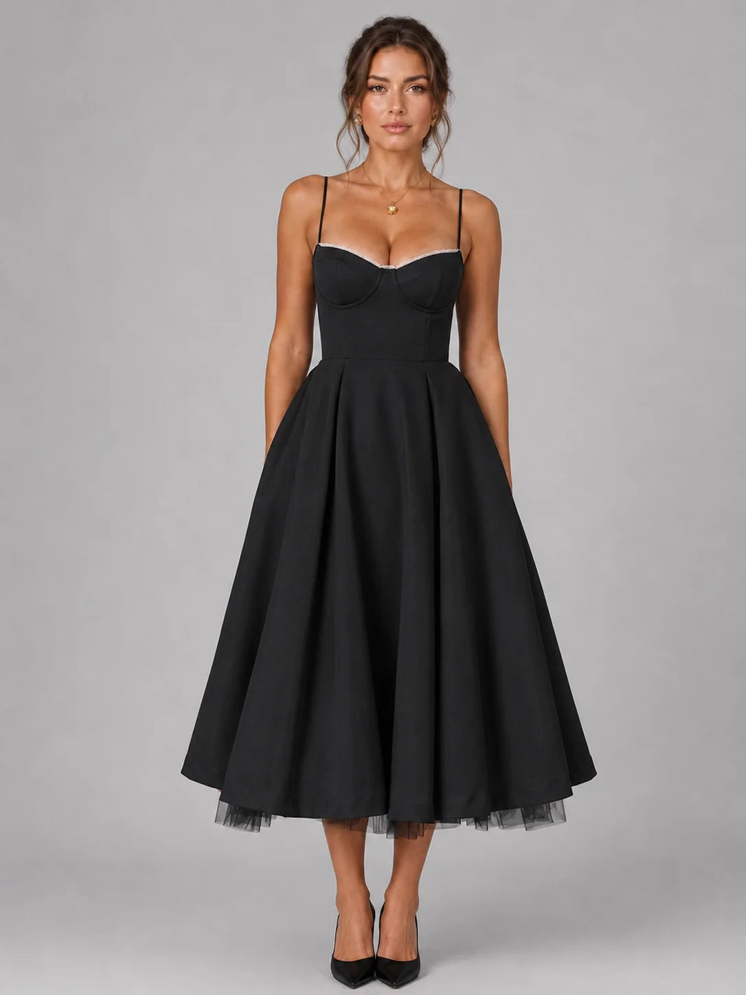 Women’s Corset Midi Dress with Full Skirt – Elegant Occasion Style