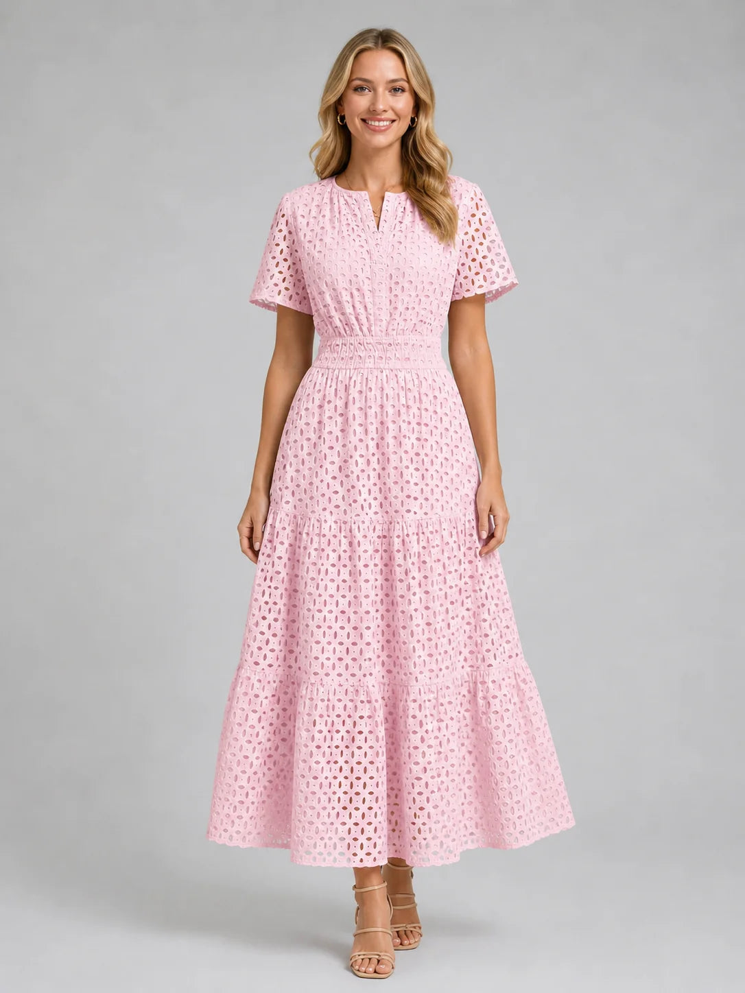 Women’s Eyelet A-Line Midi Dress – Cotton Blend Summer Style