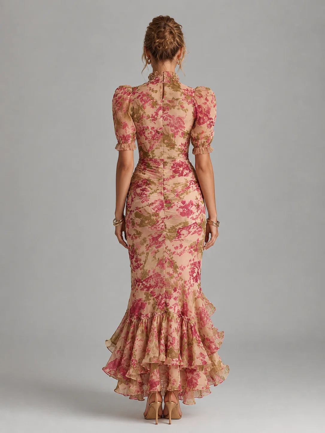 Women’s Floral Chiffon Maxi Dress – Puff Sleeve Fishtail Gown