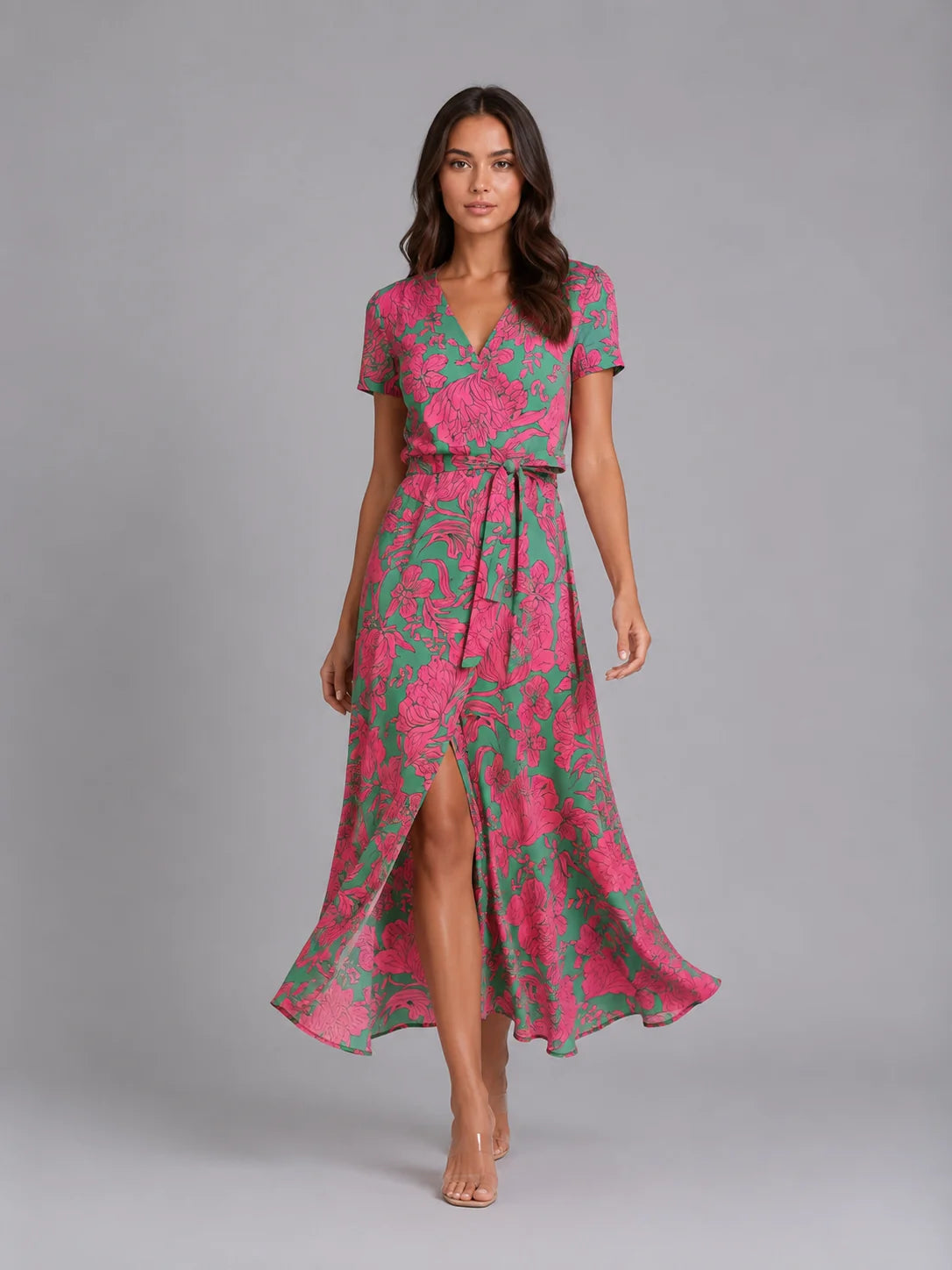 Women's Floral Wrap Midi Dress – Tie Waist Summer Style