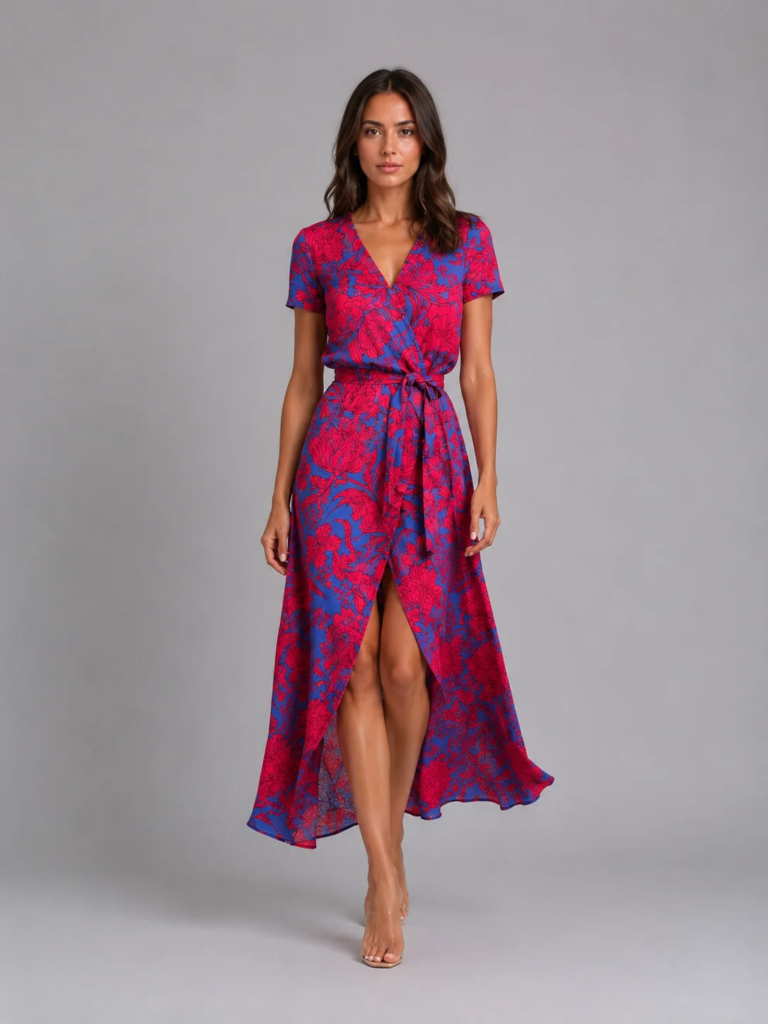 Women's Floral Wrap Midi Dress – Tie Waist Summer Style