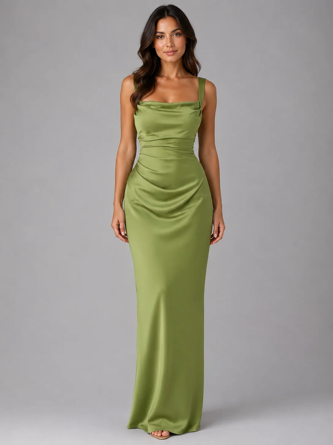 Women’s Satin Feel Ruched Waist Maxi Dress – Sculpted Fit