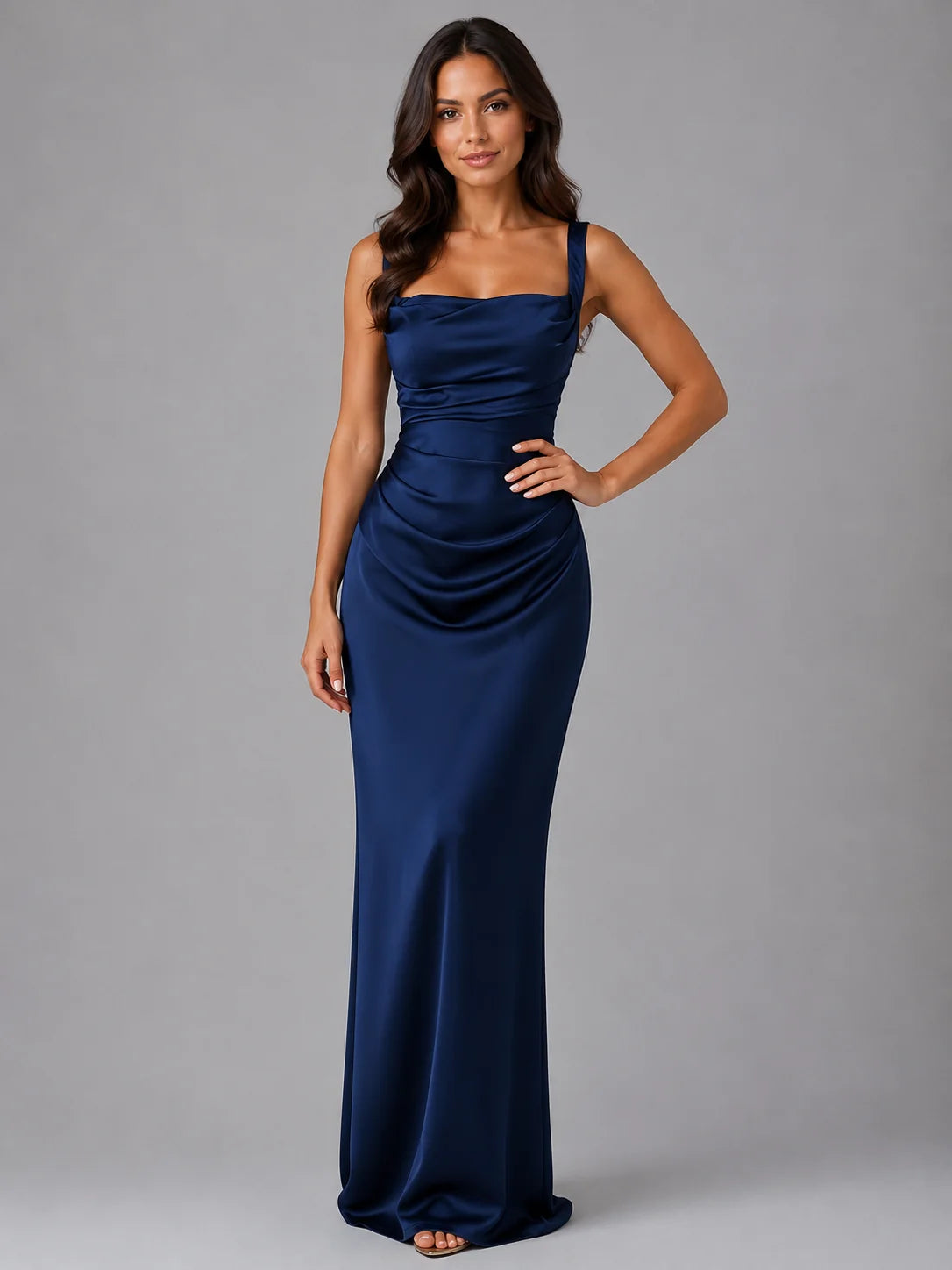 Women’s Satin Feel Ruched Waist Maxi Dress – Sculpted Fit