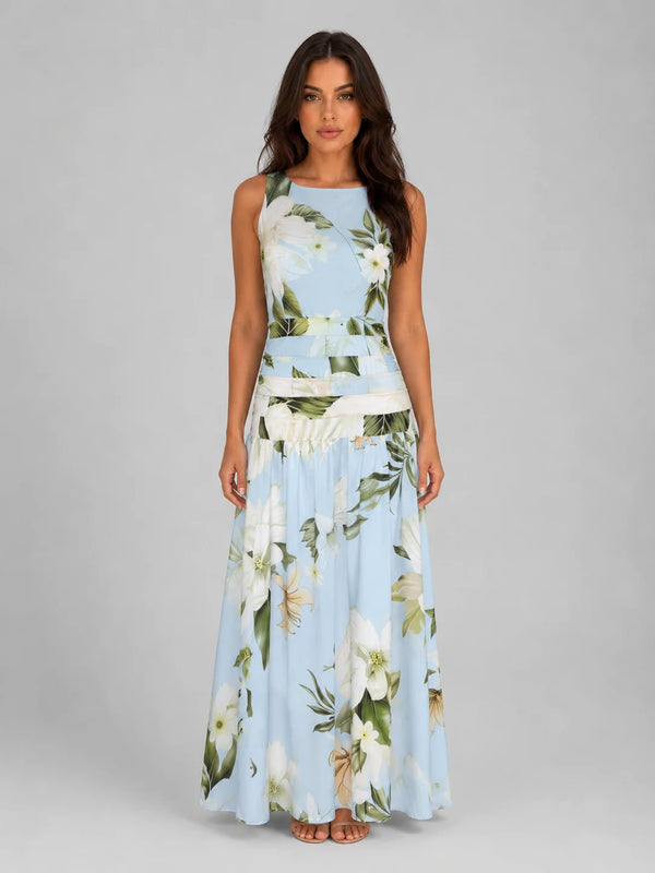 Women's Sleeveless Floral Maxi Dress – Boat Neck & Defined Waist