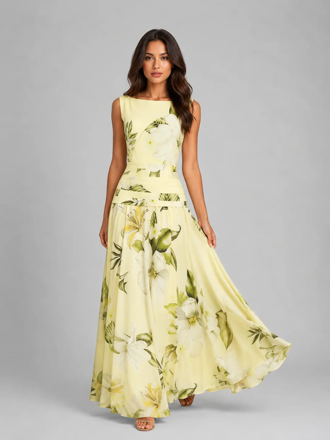 Women's Sleeveless Floral Maxi Dress – Boat Neck & Defined Waist