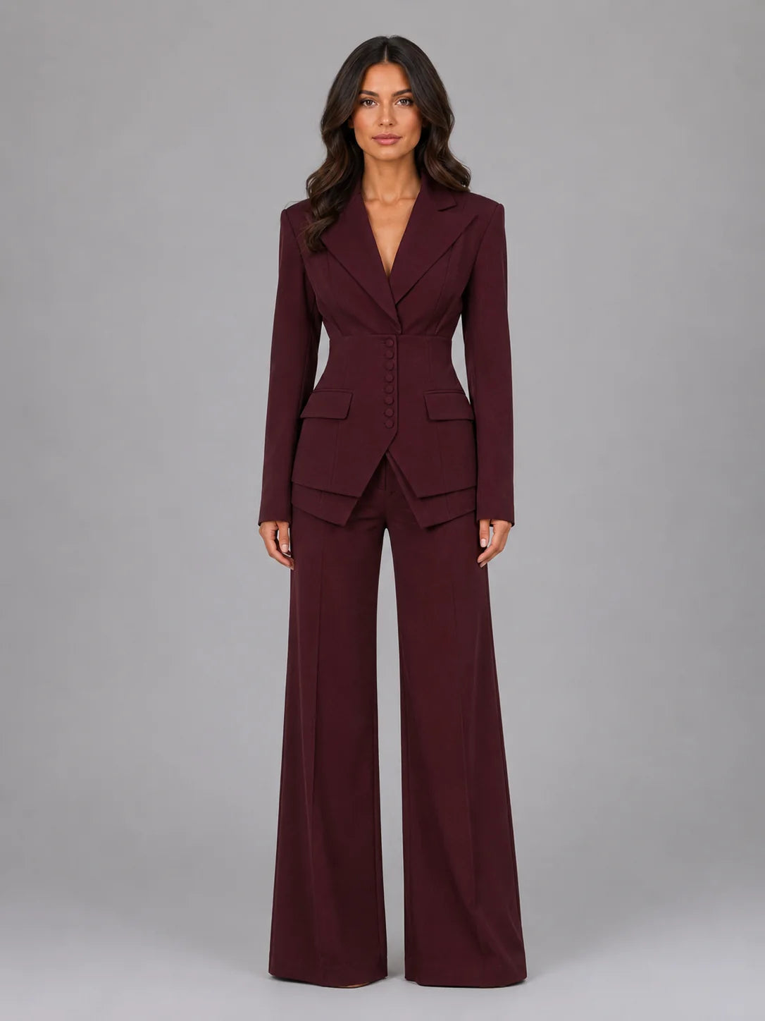 Women’s Tailored Three-Piece Suit – Cinched Waist & Wide-Leg Trousers