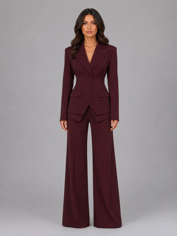 Women’s Tailored Three-Piece Suit – Cinched Waist & Wide-Leg Trousers
