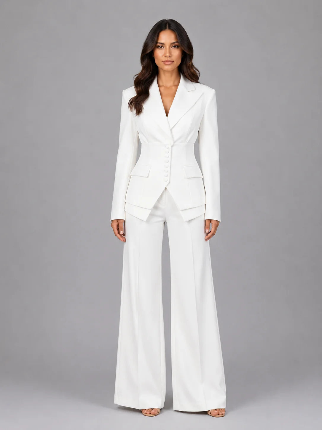 Women’s Tailored Three-Piece Suit – Cinched Waist & Wide-Leg Trousers