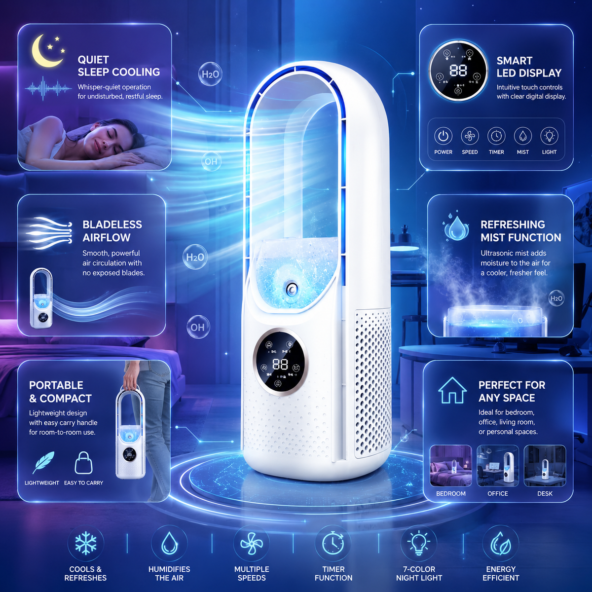 Portable Air Conditioner Quiet Compact Bladeless Cooling