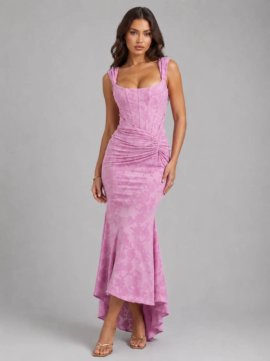 Women’s Floral Corset Maxi Dress with Asymmetrical Hem – Sculpted Silhouette