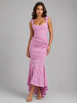 Women’s Floral Corset Maxi Dress with Asymmetrical Hem – Sculpted Silhouette