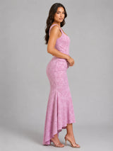 Women’s Floral Corset Maxi Dress with Asymmetrical Hem – Sculpted Silhouette