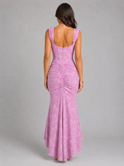 Women’s Floral Corset Maxi Dress with Asymmetrical Hem – Sculpted Silhouette