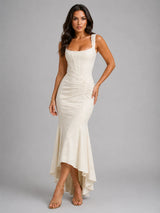 Women’s Floral Corset Maxi Dress with Asymmetrical Hem – Sculpted Silhouette