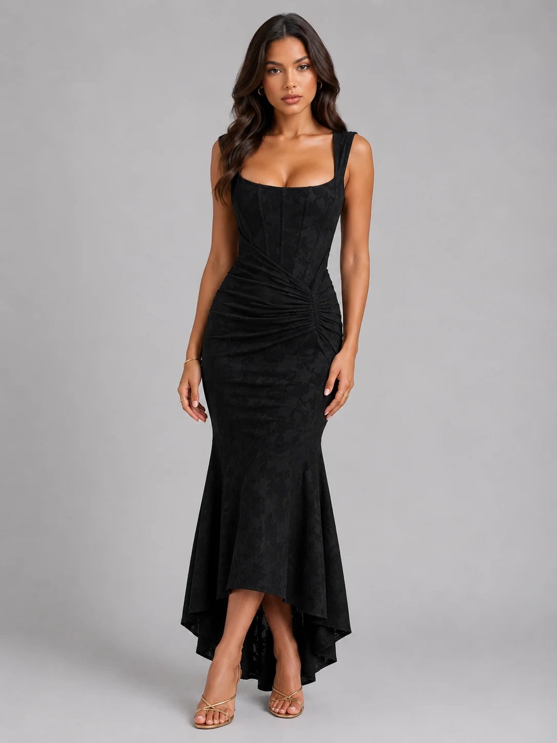 Women’s Floral Corset Maxi Dress with Asymmetrical Hem – Sculpted Silhouette