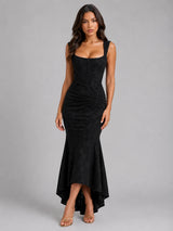 Women’s Floral Corset Maxi Dress with Asymmetrical Hem – Sculpted Silhouette