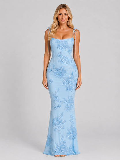 Women's Floral Embroidered Maxi Dress – Tie Strap Occasion Gown