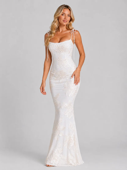 Women's Floral Embroidered Maxi Dress – Tie Strap Occasion Gown