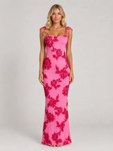 Women's Floral Embroidered Maxi Dress – Tie Strap Occasion Gown