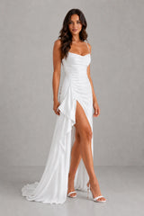 Women's Draped Satin Feel Maxi Dress – Ruched Waist Evening Gown