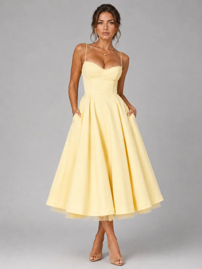 Women’s Corset Midi Dress with Full Skirt – Elegant Occasion Style
