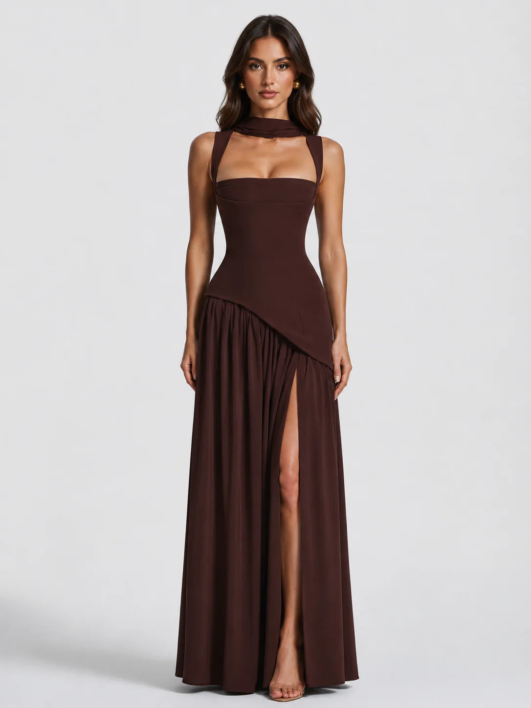 Women’s Draped Satin Feel Maxi Dress – Sculpted Elegant Silhouette