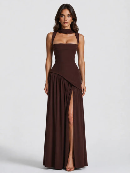 Women’s Draped Satin Feel Maxi Dress – Sculpted Elegant Silhouette