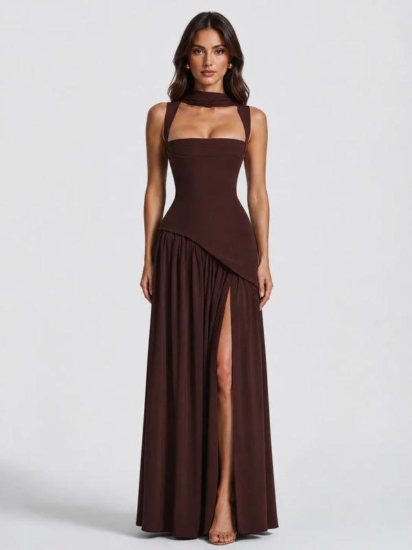 Women’s Draped Satin Feel Maxi Dress – Sculpted Elegant Silhouette