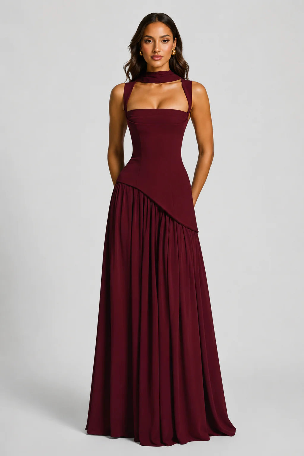 Women’s Draped Satin Feel Maxi Dress – Sculpted Elegant Silhouette