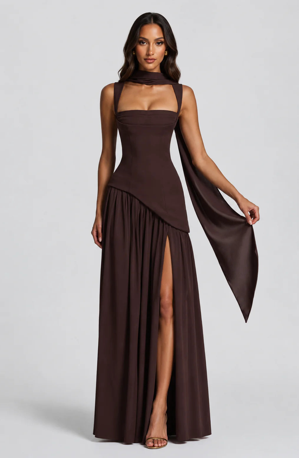 Women’s Draped Satin Feel Maxi Dress – Sculpted Elegant Silhouette