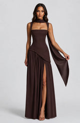 Women’s Draped Satin Feel Maxi Dress – Sculpted Elegant Silhouette