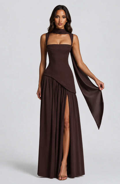 Women’s Draped Satin Feel Maxi Dress – Sculpted Elegant Silhouette