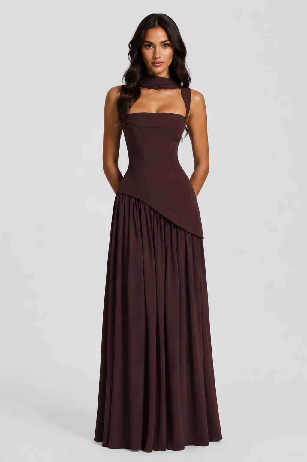 Women’s Draped Satin Feel Maxi Dress – Sculpted Elegant Silhouette