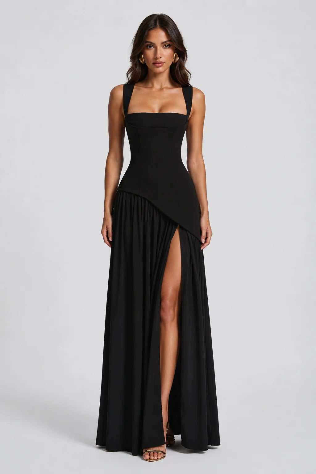 Women’s Draped Satin Feel Maxi Dress – Sculpted Elegant Silhouette