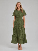 Women’s Eyelet A-Line Midi Dress – Cotton Blend Summer Style