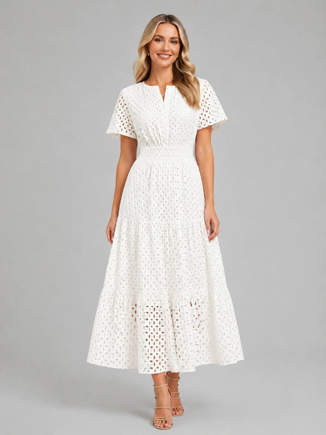 Women’s Eyelet A-Line Midi Dress – Cotton Blend Summer Style