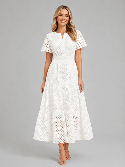 Women’s Eyelet A-Line Midi Dress – Cotton Blend Summer Style