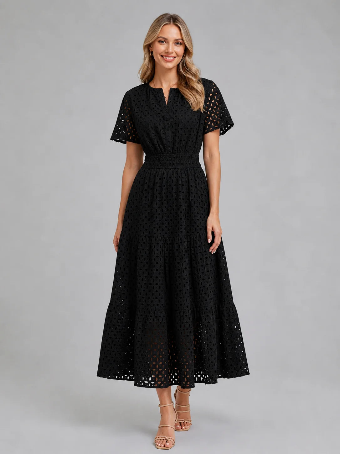Women’s Eyelet A-Line Midi Dress – Cotton Blend Summer Style