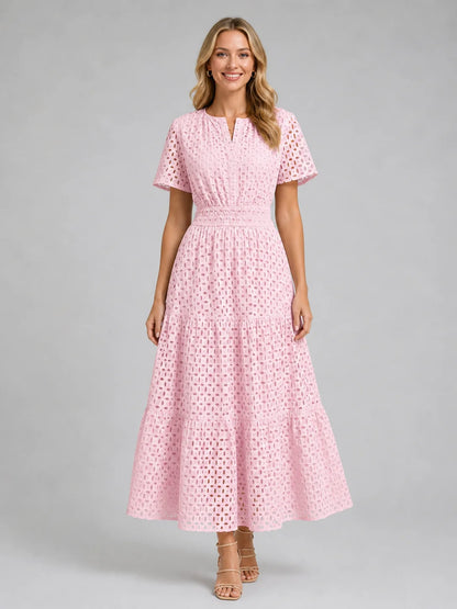Women’s Eyelet A-Line Midi Dress – Cotton Blend Summer Style