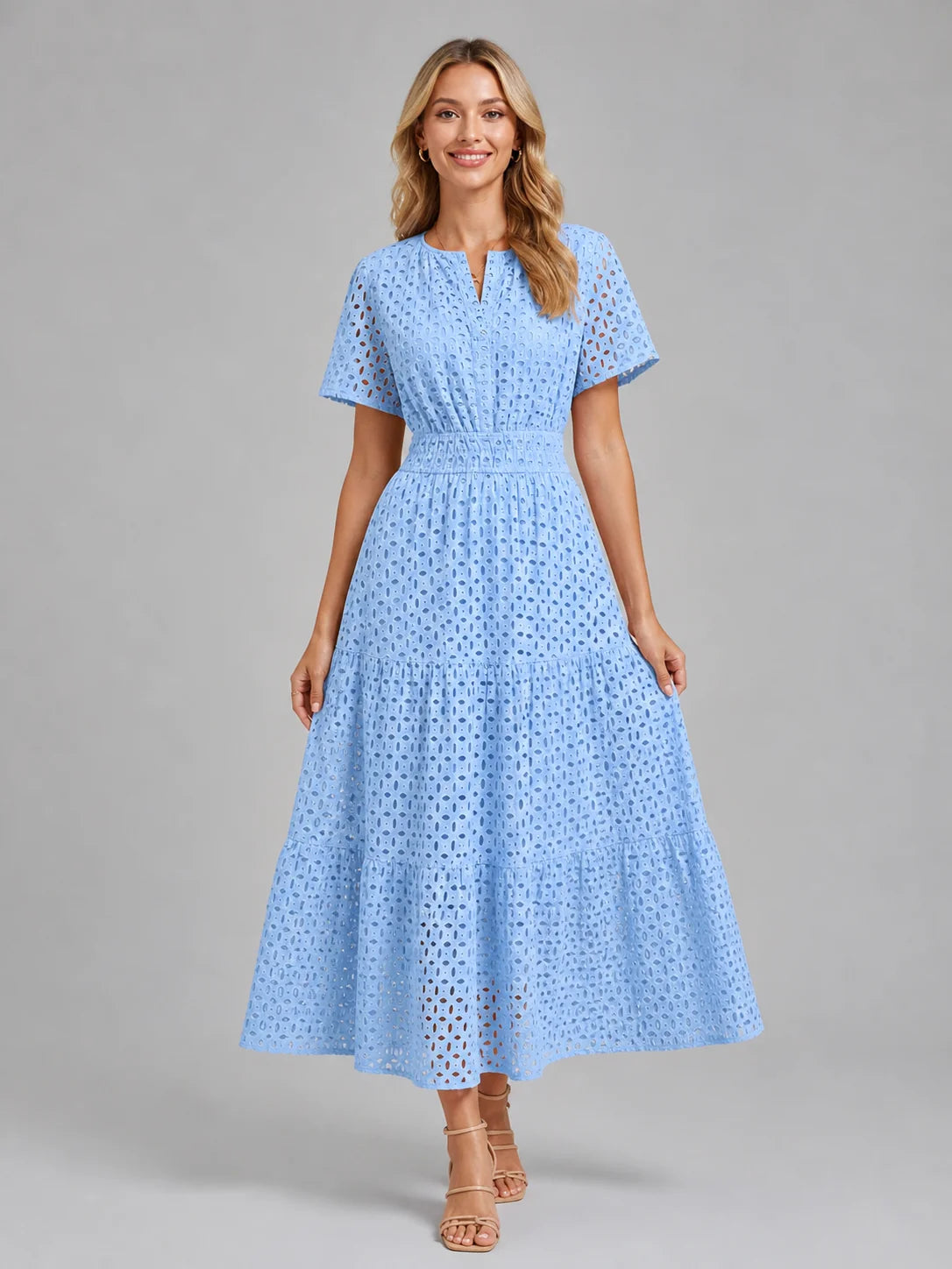 Women’s Eyelet A-Line Midi Dress – Cotton Blend Summer Style