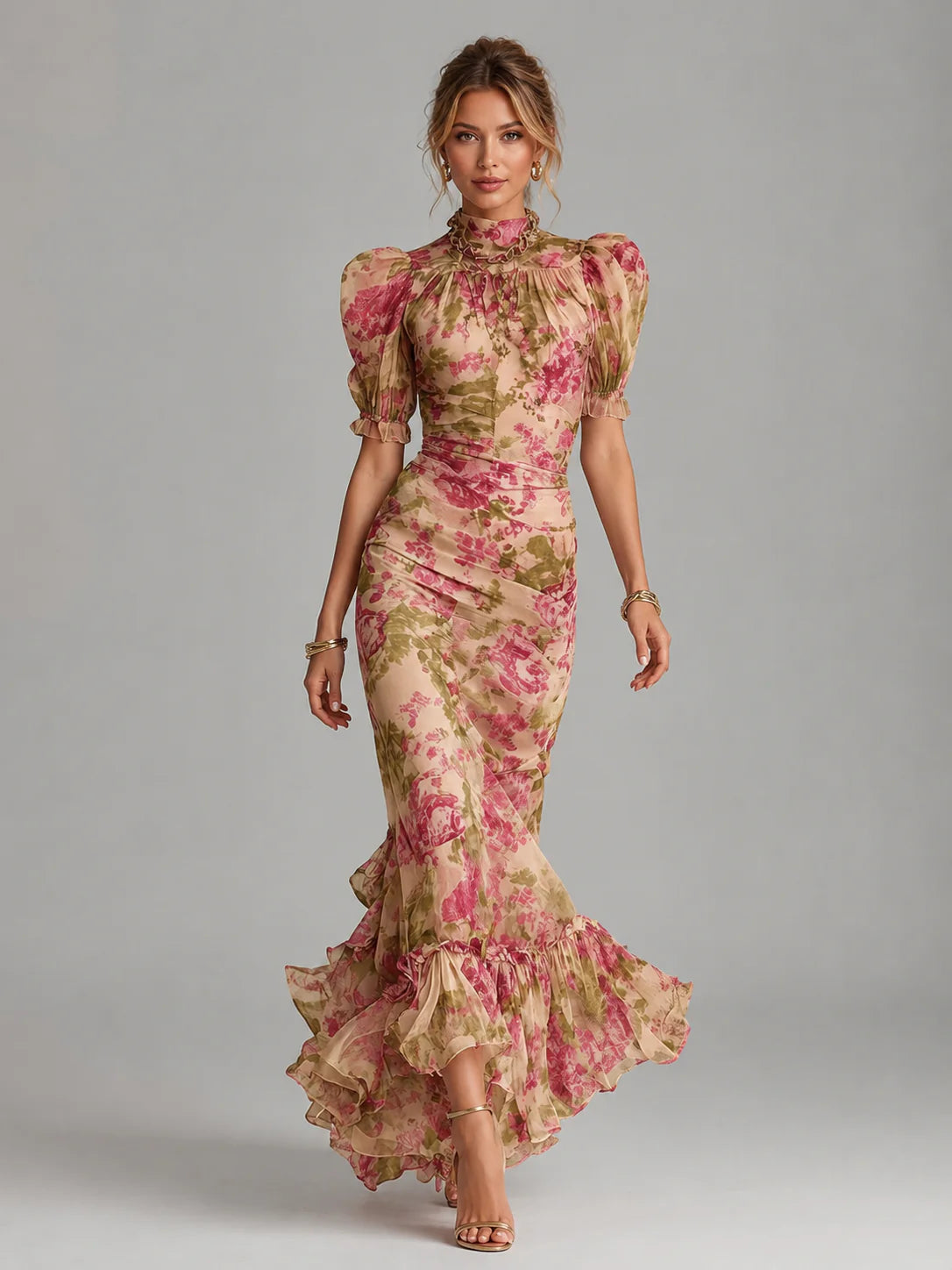 Women’s Floral Chiffon Maxi Dress – Puff Sleeve Fishtail Gown