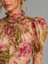 Women’s Floral Chiffon Maxi Dress – Puff Sleeve Fishtail Gown
