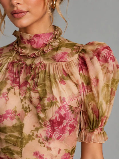 Women’s Floral Chiffon Maxi Dress – Puff Sleeve Fishtail Gown